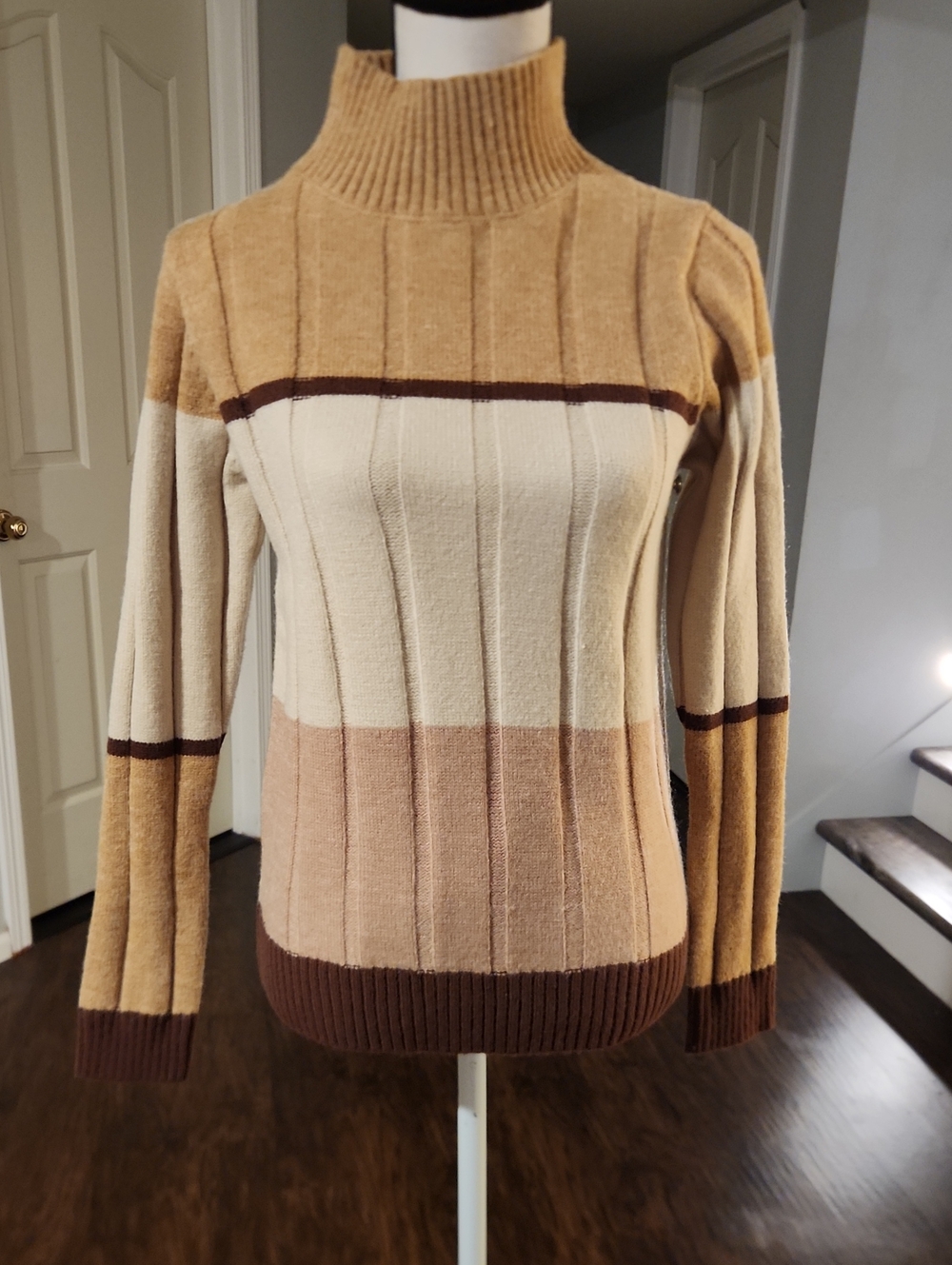 NWT Hem & Thread Brown, Tan, And Pink Striped Turtle Neck Sweater